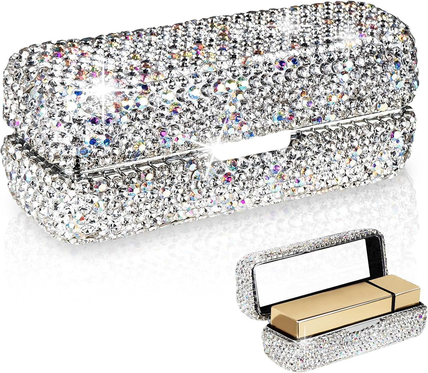 Portable Rhinestone Lipstick Case with Mirror, Bling Diamond Lip Gloss Organizer for Travel (White)