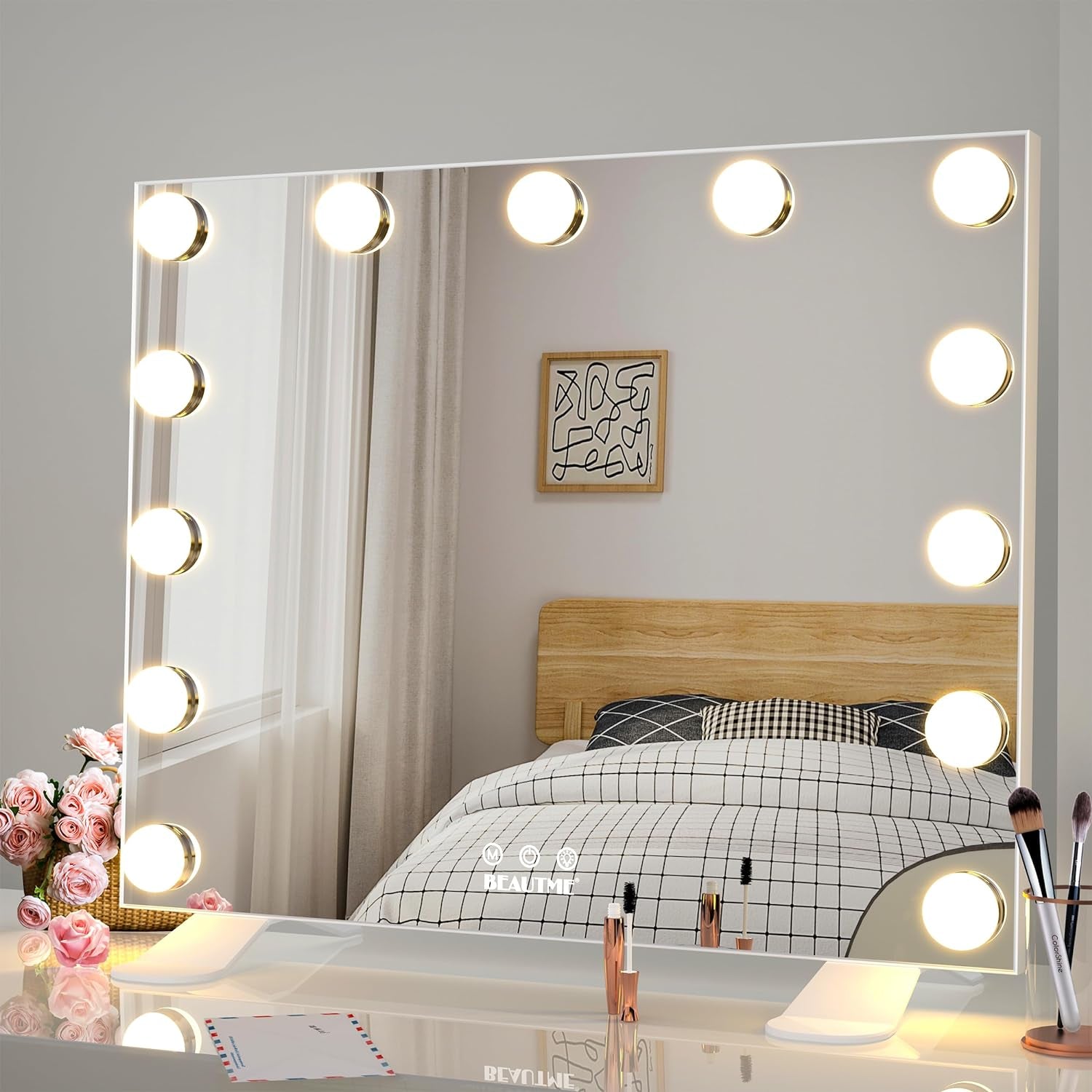 Hollywood Lighted Vanity Mirror with Smart Button, Tabletop or Wall Mounted, White,