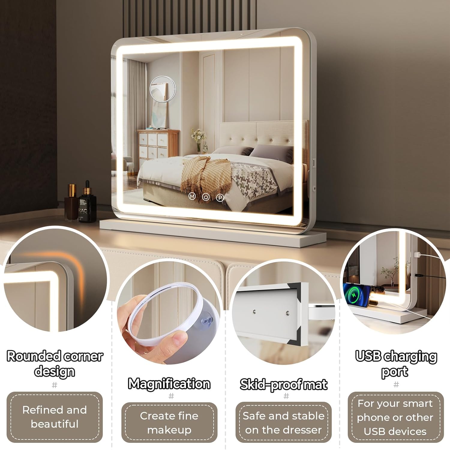 23-Inch LED Vanity Mirror with Lights, Smart Touch Dimmable 3-Color Modes, Memory Function, USB Charging Port, and Magnifying Glass