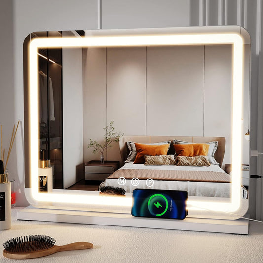 23-Inch LED Vanity Mirror with Lights, Smart Touch Dimmable 3-Color Modes, Memory Function, USB Charging Port, and Magnifying Glass