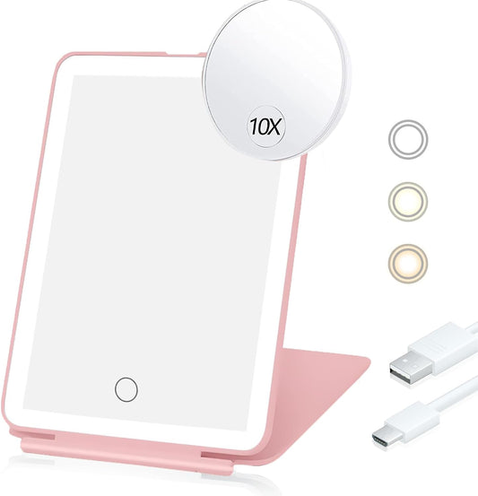 Rechargeable Travel Vanity Mirror, Lighted Beauty Mirror with 10X Magnification, 3-Color Dimmable Touch Screen, Folding LED Tabletop Cosmetic Mirror, Pink